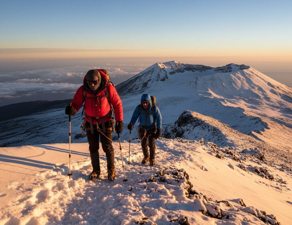Two mountaineers in winter gear hike along a snowy mountain ridge at sunrise.